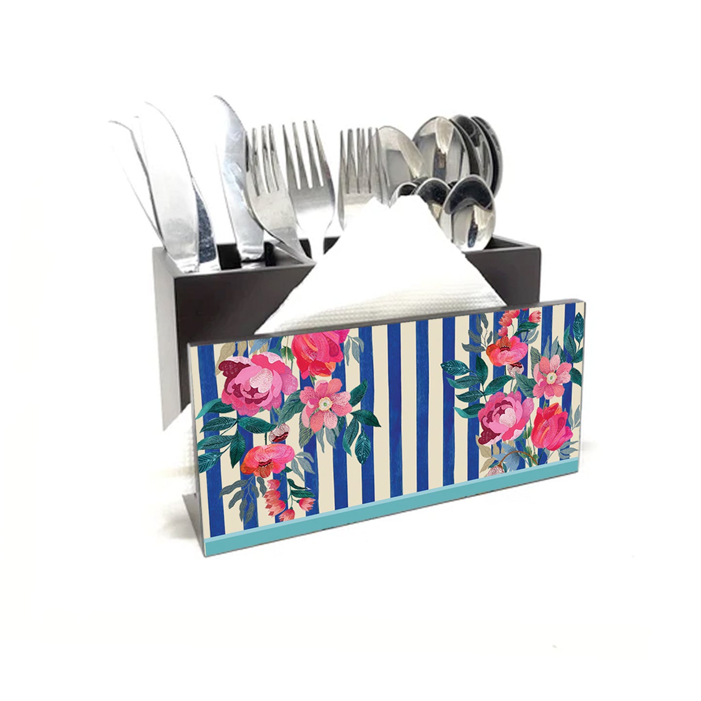 Stripes And Petal Cutlery Stand with Tissue Paper Holder.