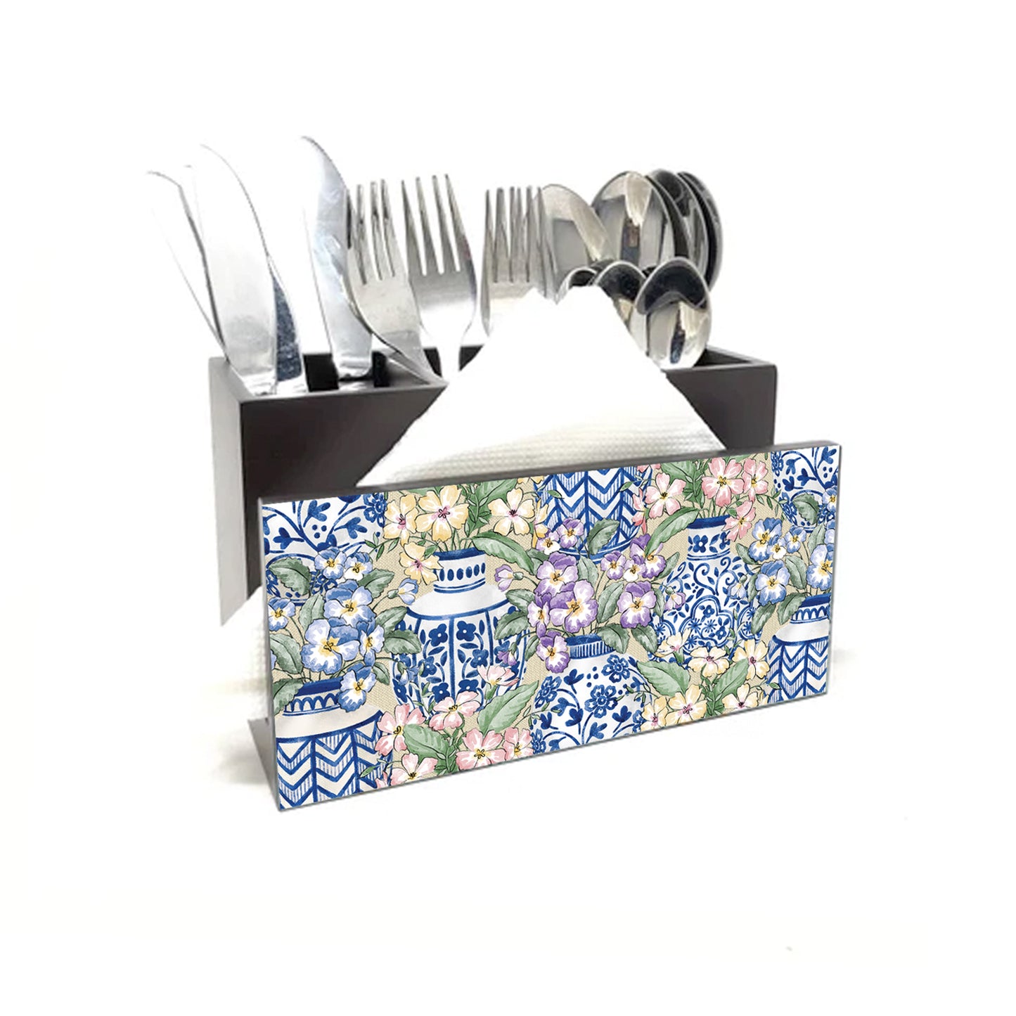 Blue Pottery Cutlery Stand with Tissue Paper Holder