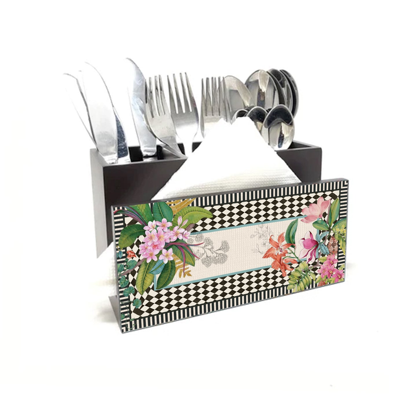 Monochrome Meadow Cutlery Stand with Tissue Paper Holder