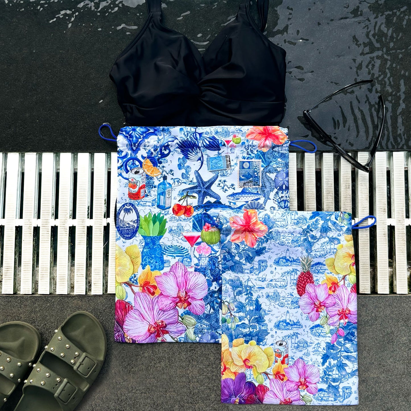 Radiant Garden On Ink Drawstring Pouches