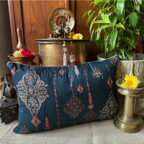 Ornate Mughal Boota Deep blue long  cushion cover