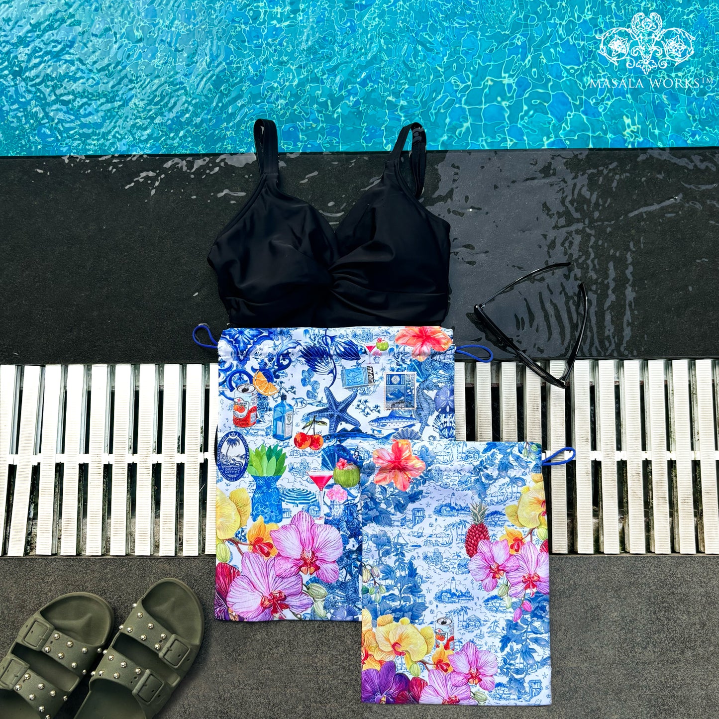 Radiant Garden On Ink Drawstring Pouches