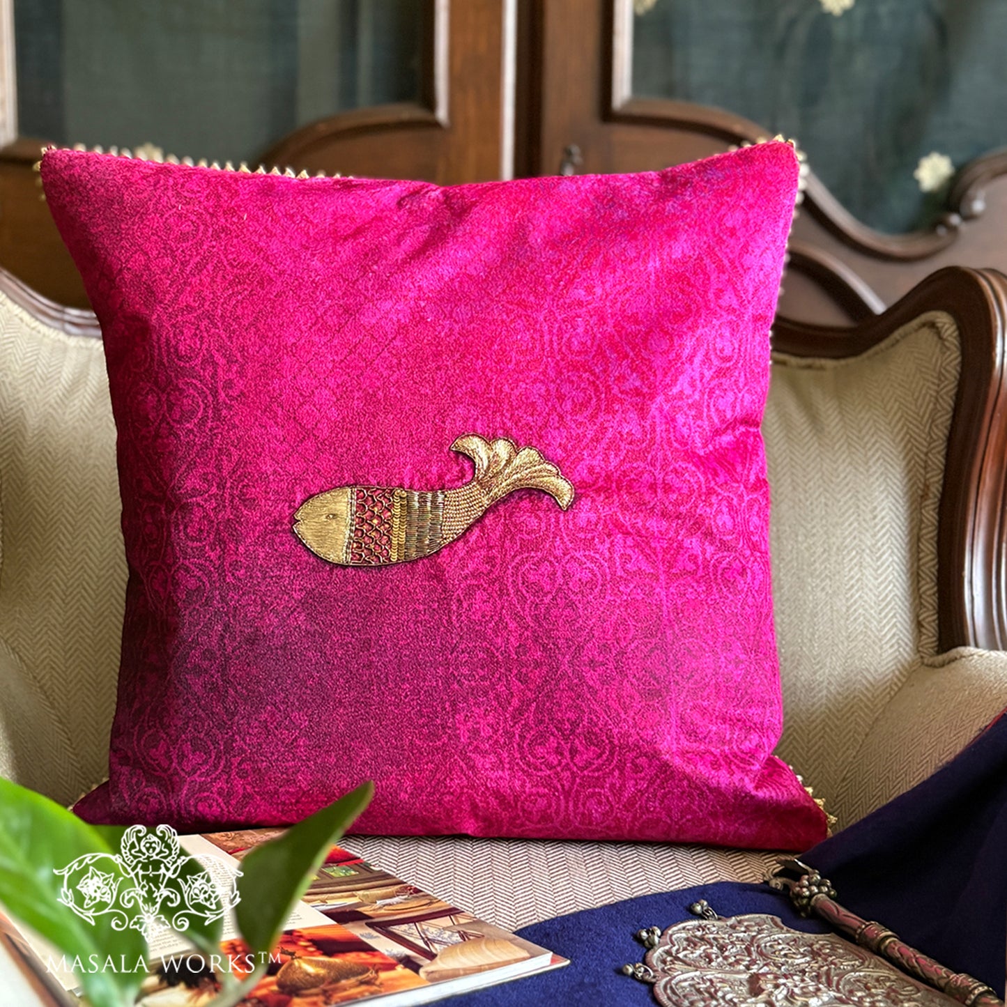 Ornate Machali Embroidered Cushion Cover