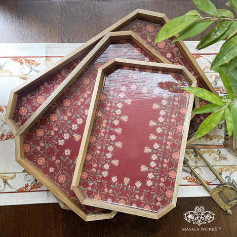 Red Floret Wooden Tray Set