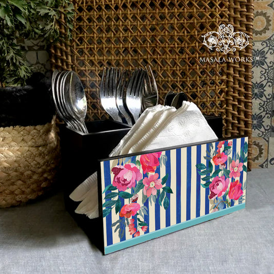 Stripes And Petal Cutlery Stand with Tissue Paper Holder.