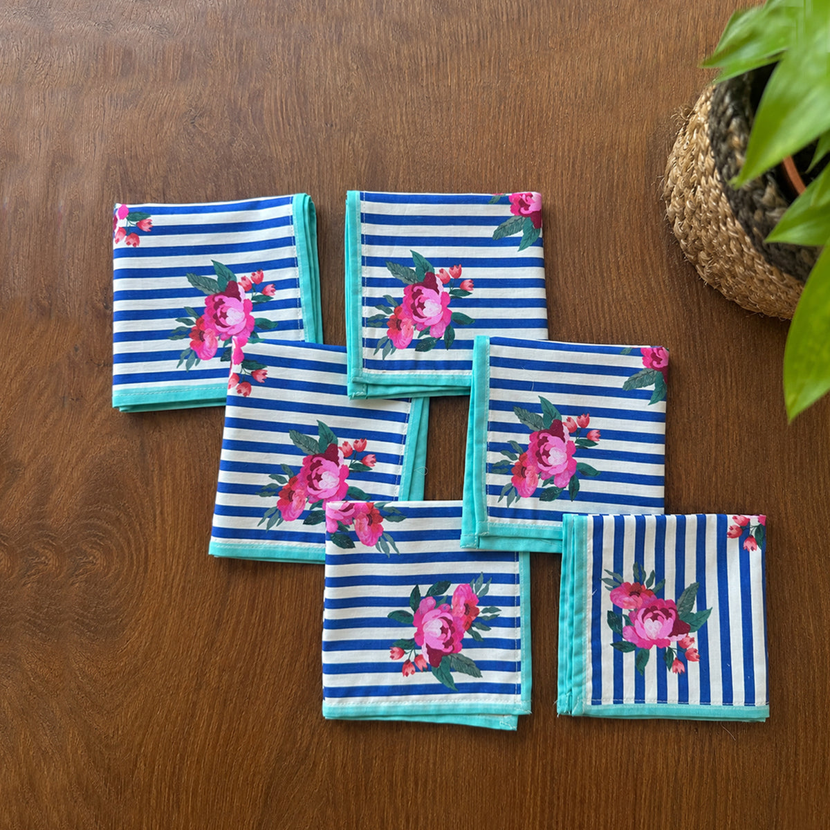 Stripes & Petal Set Of 6 Coctail Napkins