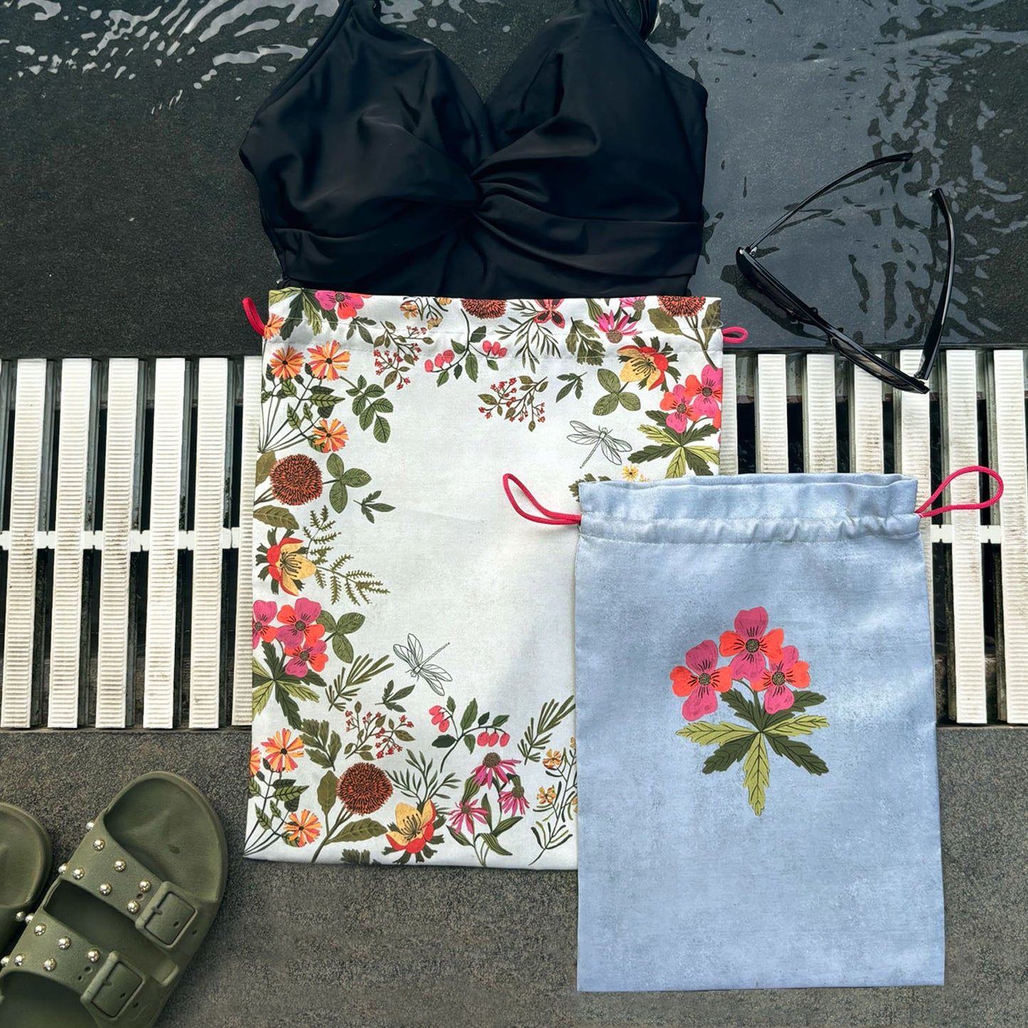 Whimsical Dragon Fly Oasis Drawstring Pouches