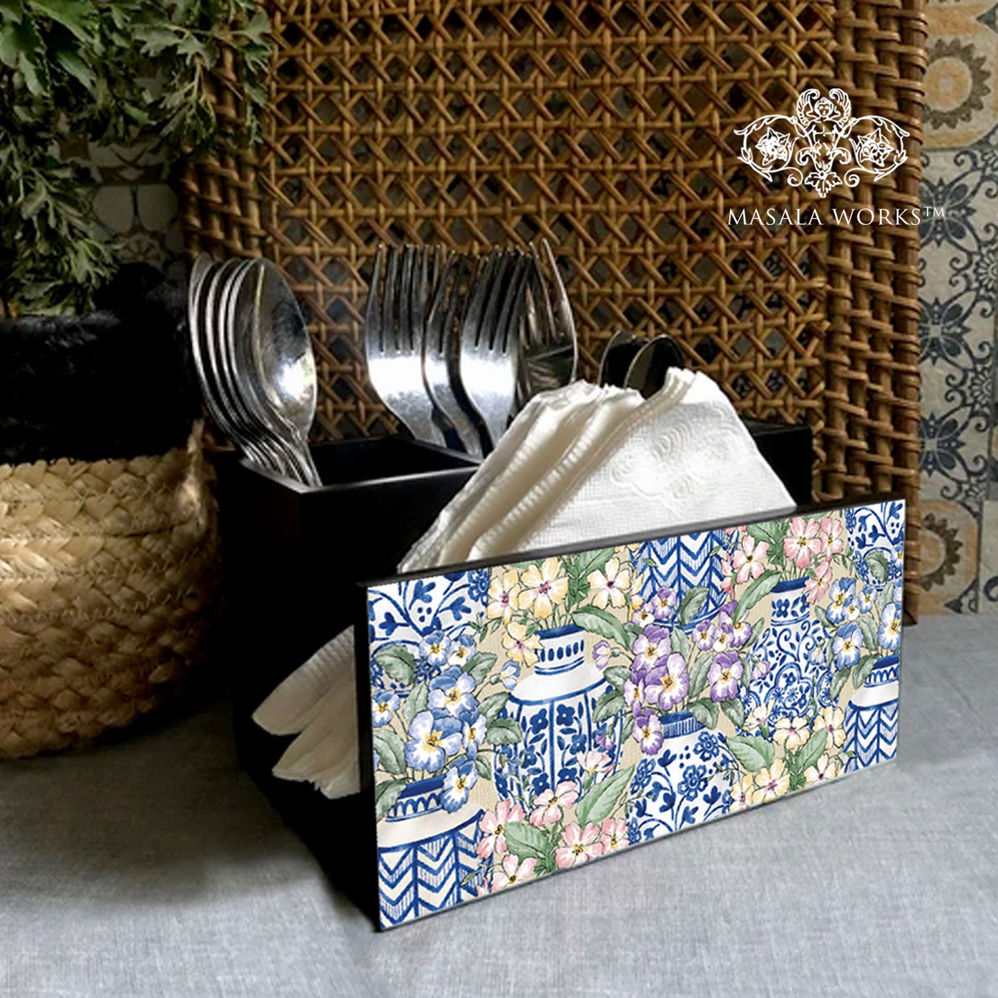 Blue Pottery Cutlery Stand with Tissue Paper Holder