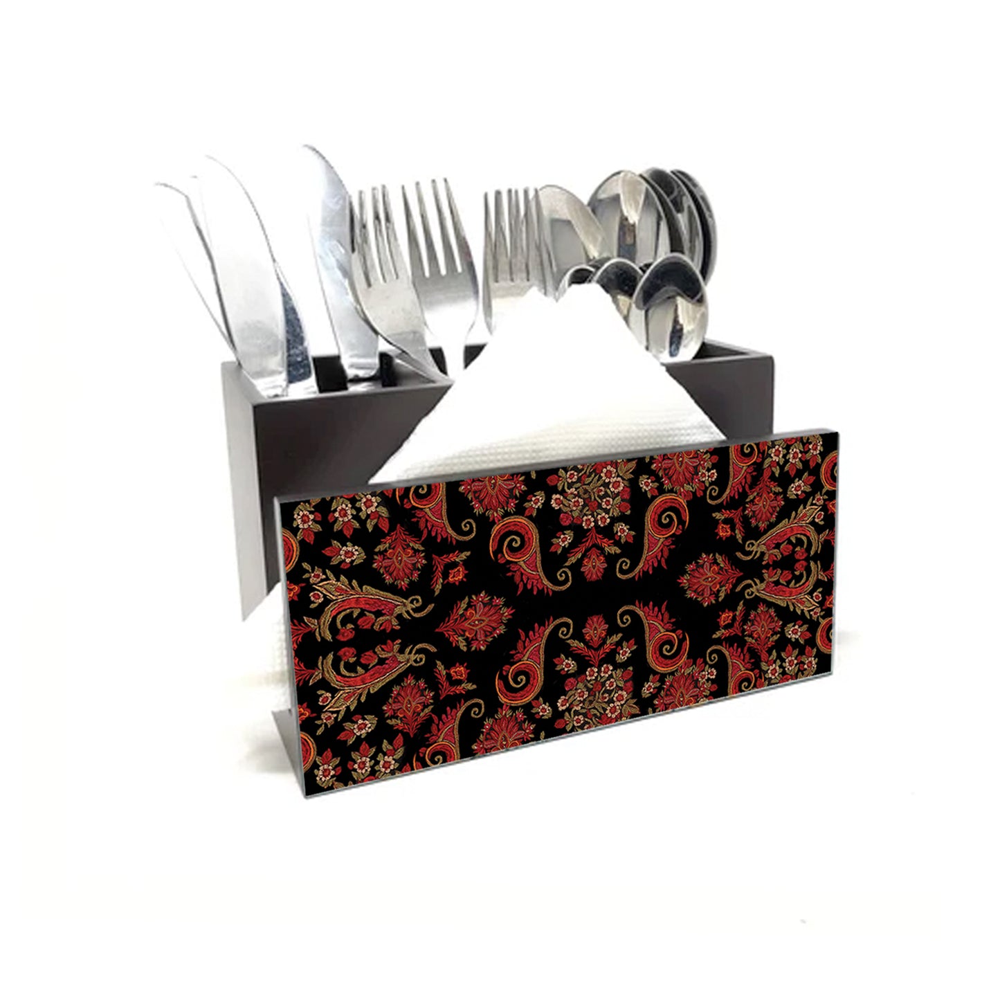 Black and white Paisley Cutlery Stand with Tissue Paper Holder