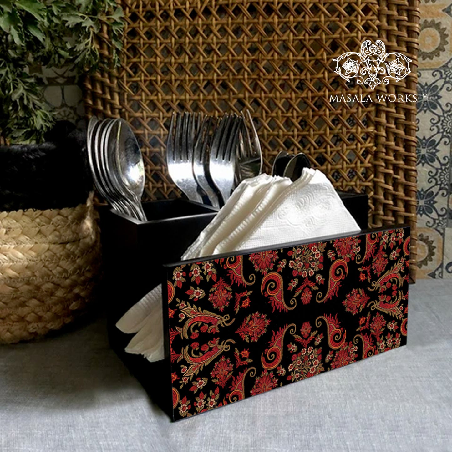 Black and white Paisley Cutlery Stand with Tissue Paper Holder