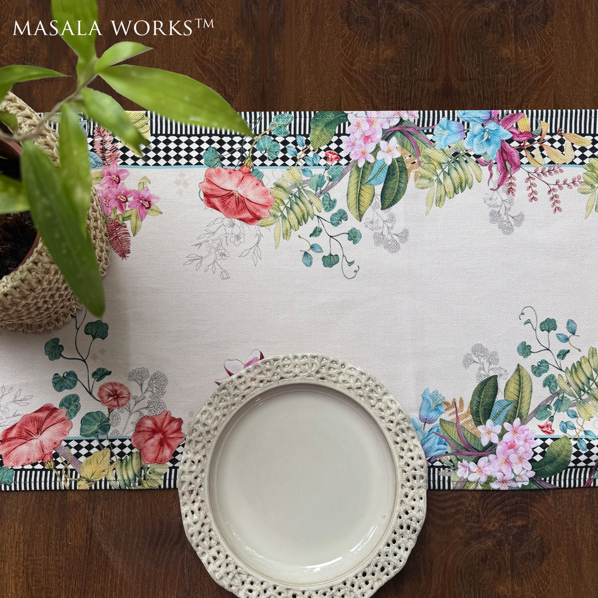 Monochrome Meadow Cotton Table Runner