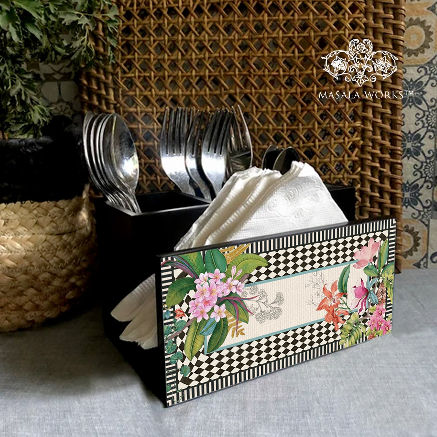 Monochrome Meadow Cutlery Stand with Tissue Paper Holder