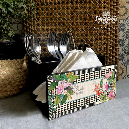 Monochrome Meadow Cutlery Stand with Tissue Paper Holder