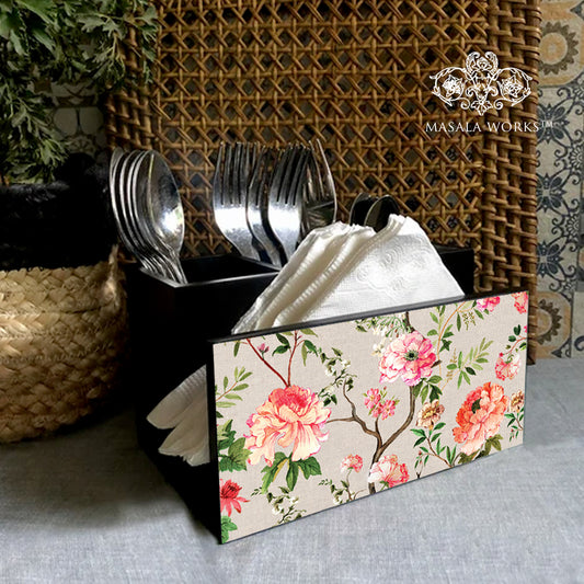 Peonys in Bloom Cutlery Stand with Tissue Paper Holder