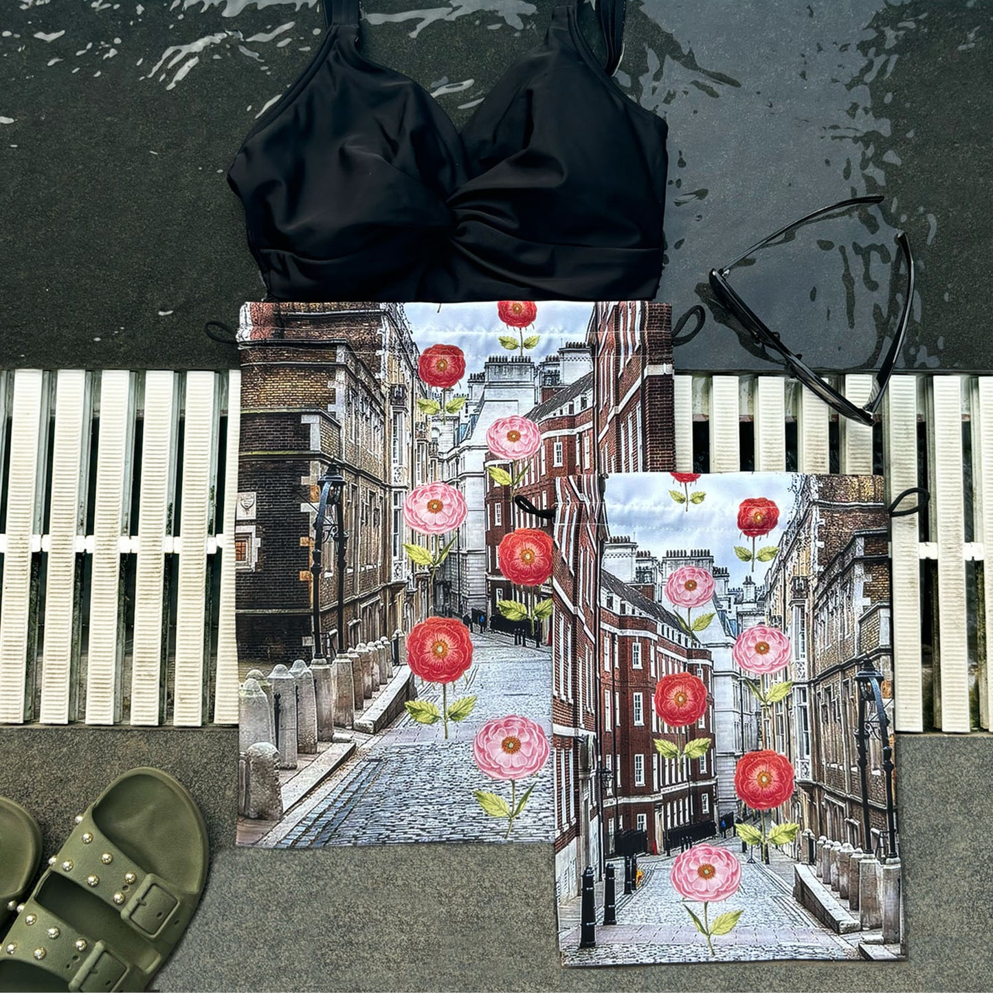 Urban Bloom Scape Drawstring Pouches