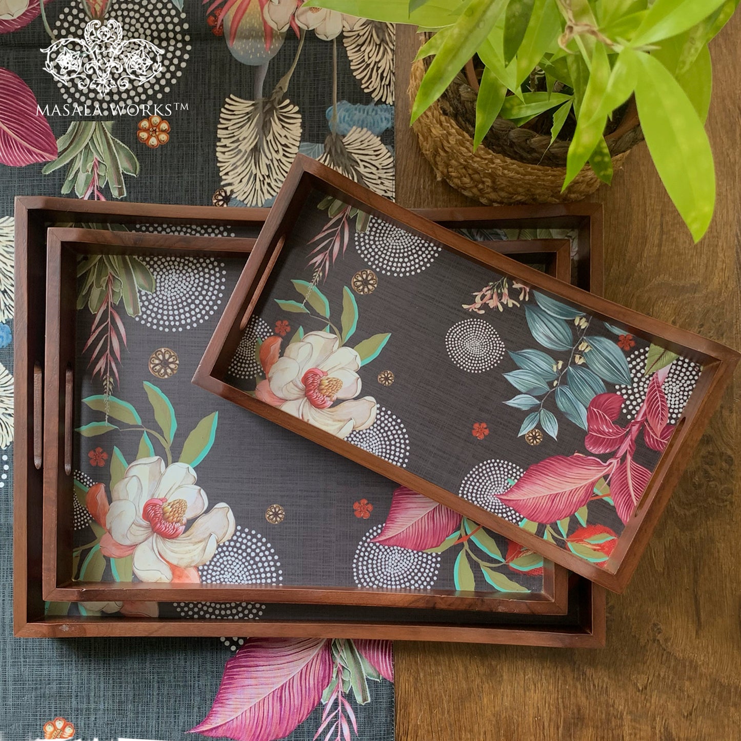 Midnight Foliage Wooden Tray Set