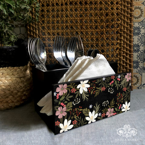 Midnight Blooms Cutlery Stand with Tissue Paper Holder