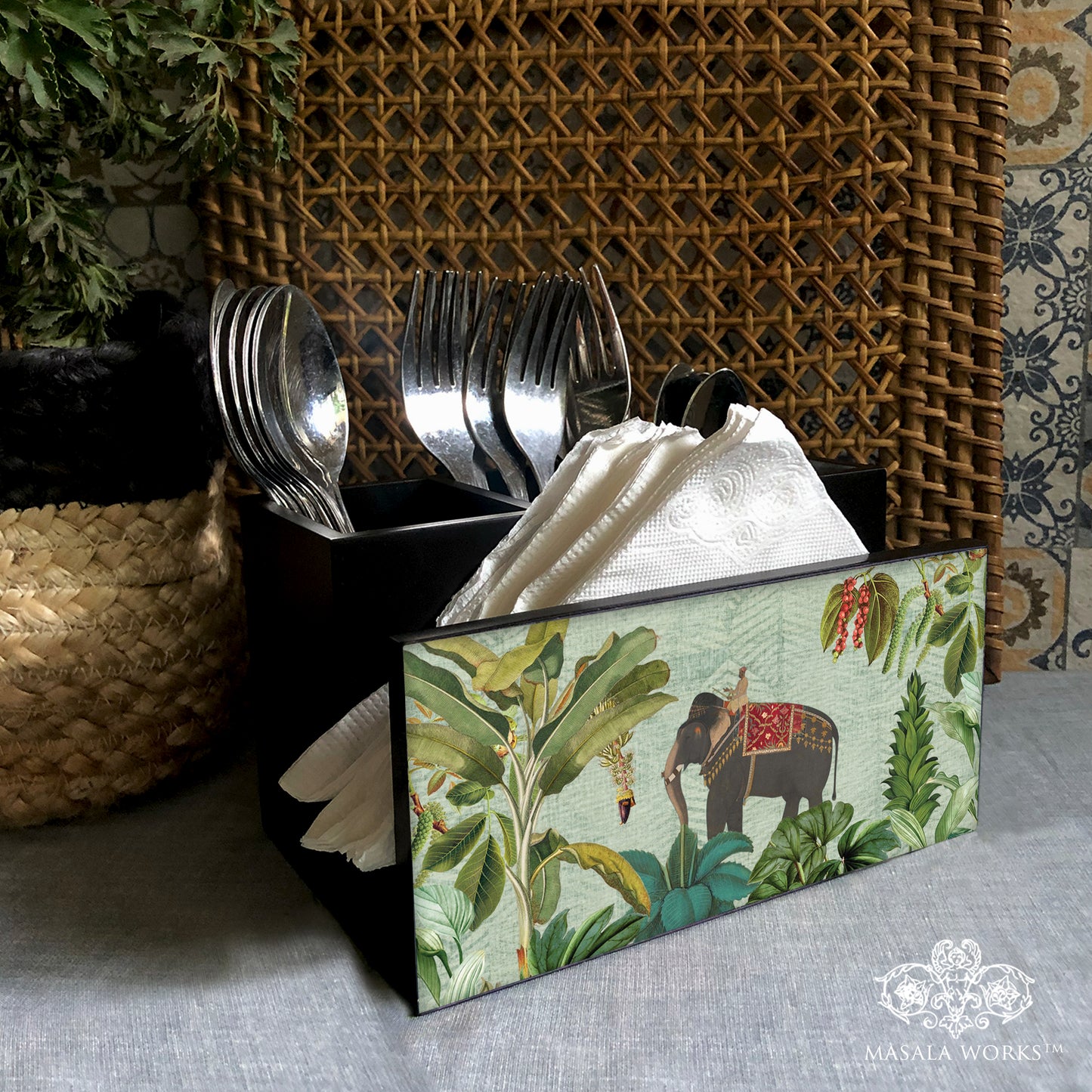 Tropical Elephant Cutlery Stand with Tissue Paper Holder