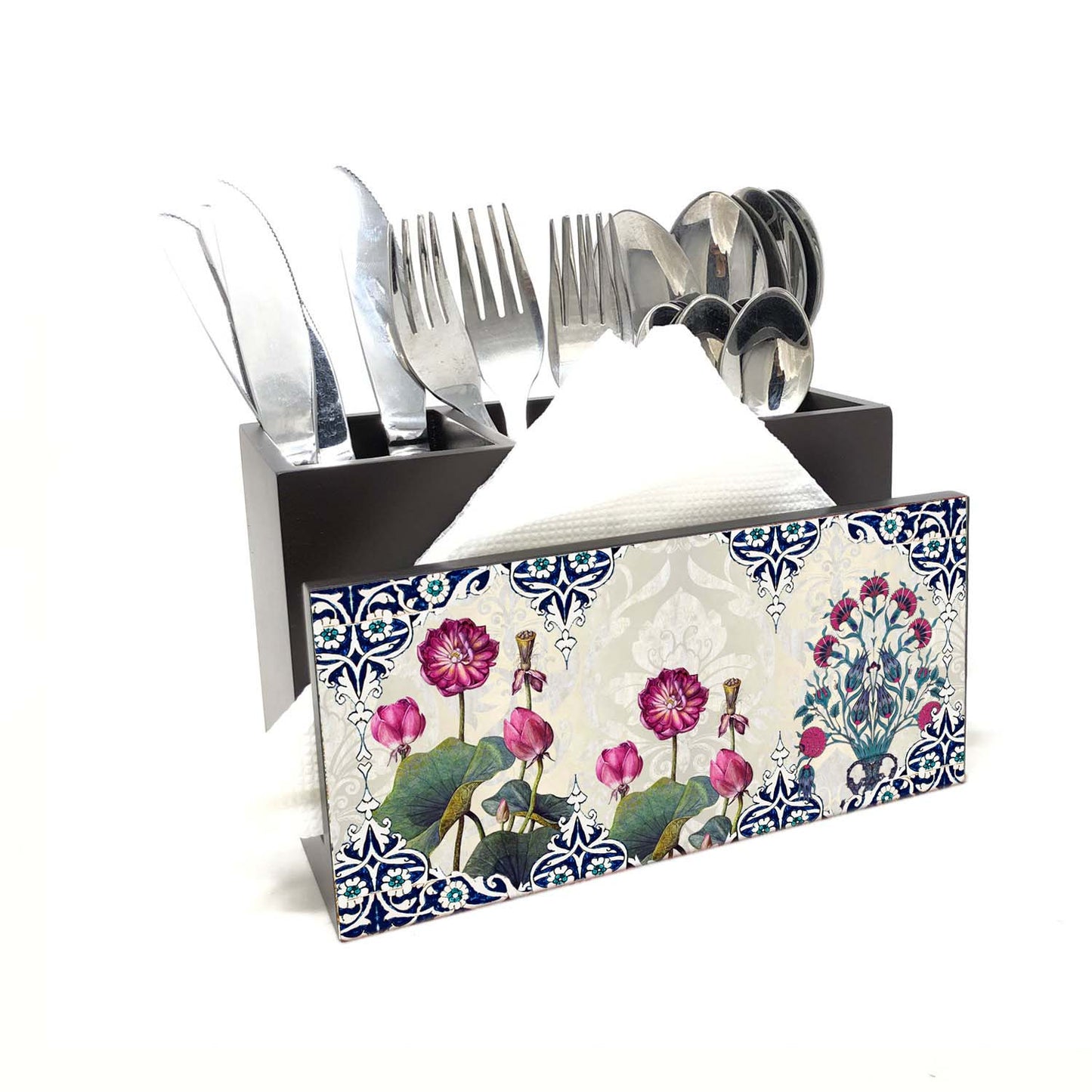 Enchanted Lotus Cutlery Stand with Tissue Paper Holder.