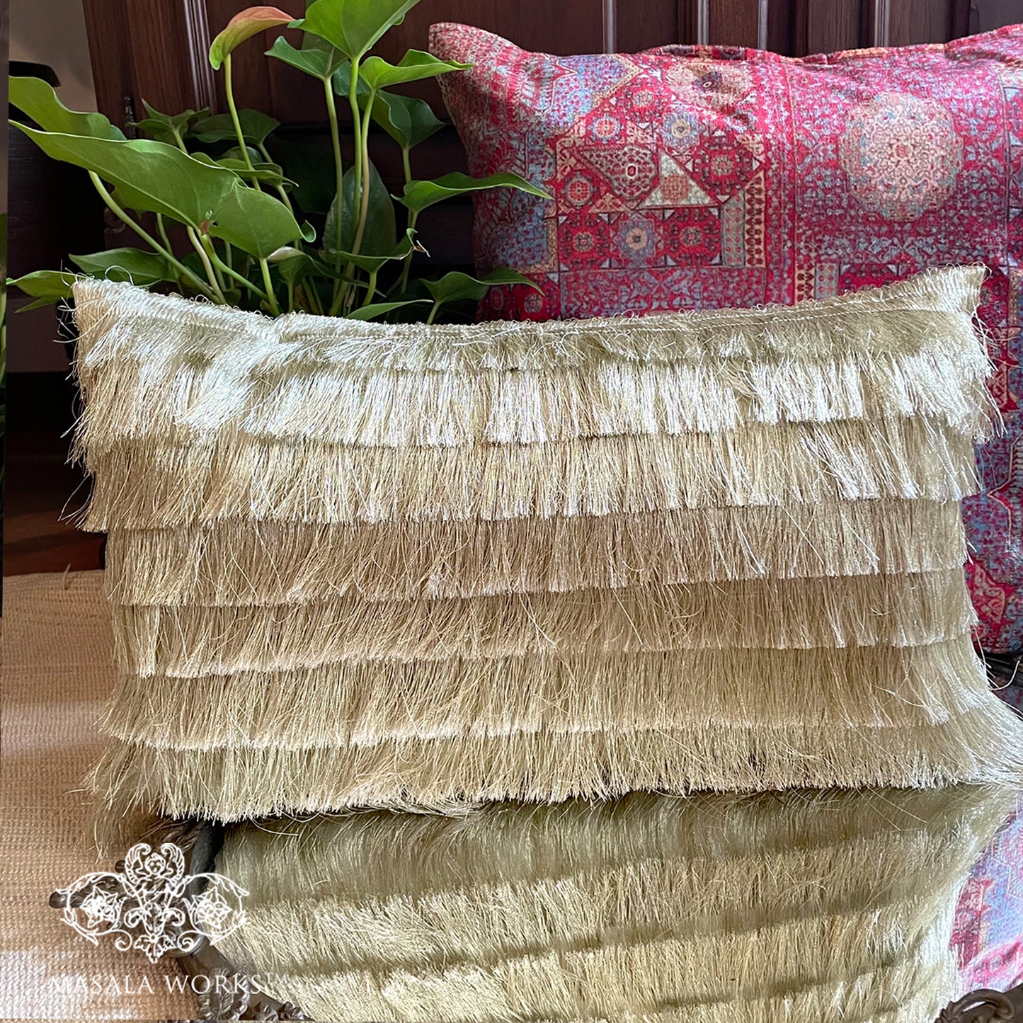Golden Fringes Long cushion cover