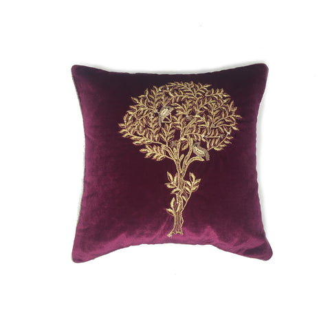 Magenta Oriental Bird Tree Embroidered Cushion