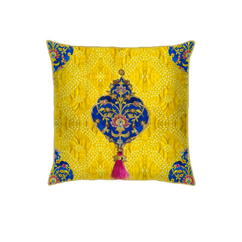 Yellow Bandhani Embroidered Cushion